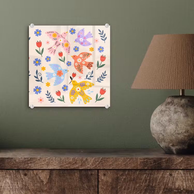 Glasbild - Vögel – Blumen – Folk – Bunt – Tiere — 4