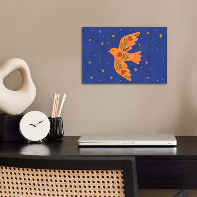 Poster - Vogel – Blumen – Dekorativ – Orange – Blau — 2
