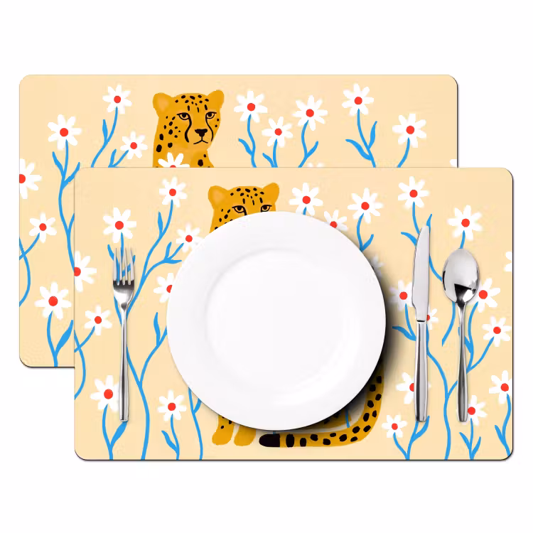 Tischset - 6 Stück - Tiere – Gepard – Blumen – Modern – Gelb — 2