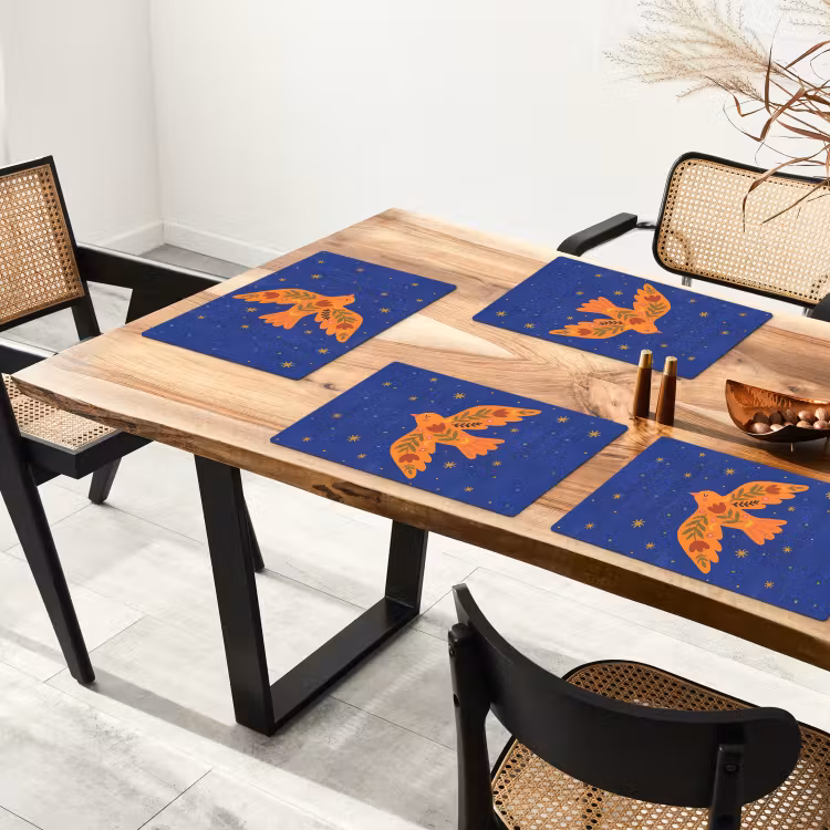 Tischset - 6 Stück - Vogel – Blumen – Dekorativ – Orange – Blau — 4