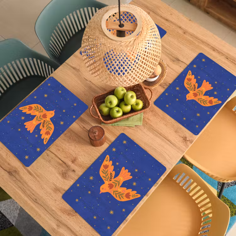 Tischset - 6 Stück - Vogel – Blumen – Dekorativ – Orange – Blau — 5