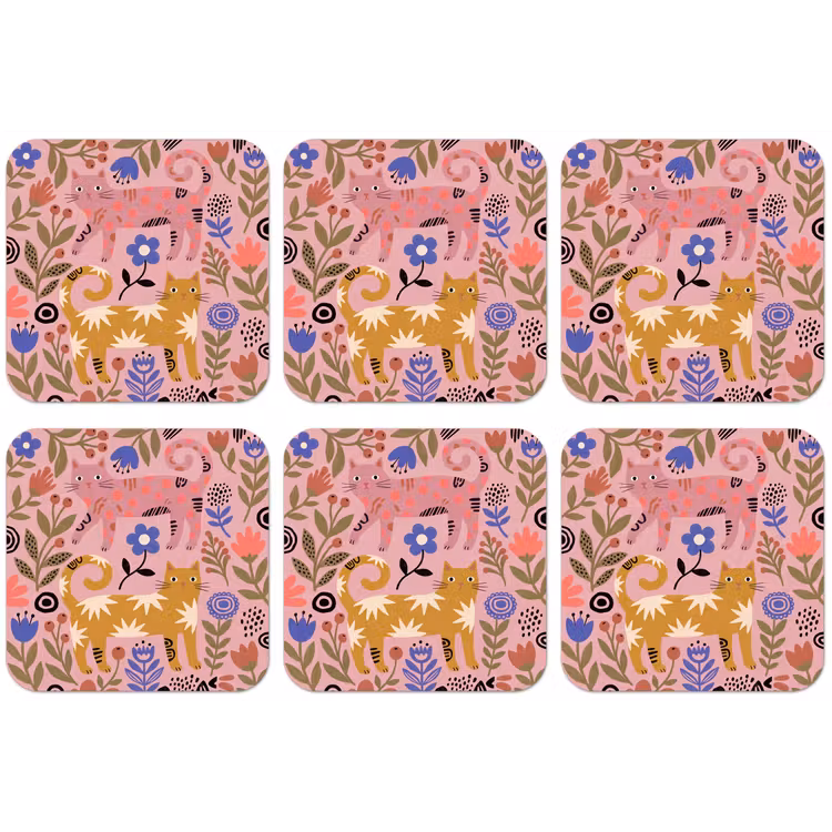 Untersetzer - Katze – Blumen – Tiere – Modern – Rosa — 1