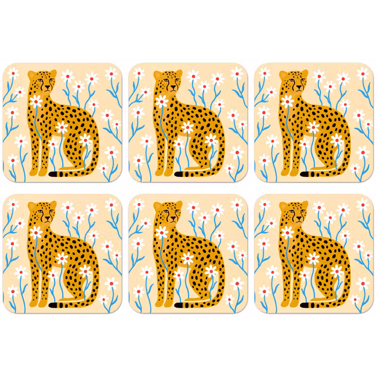 Untersetzer - Tiere – Gepard – Blumen – Modern – Gelb — 1