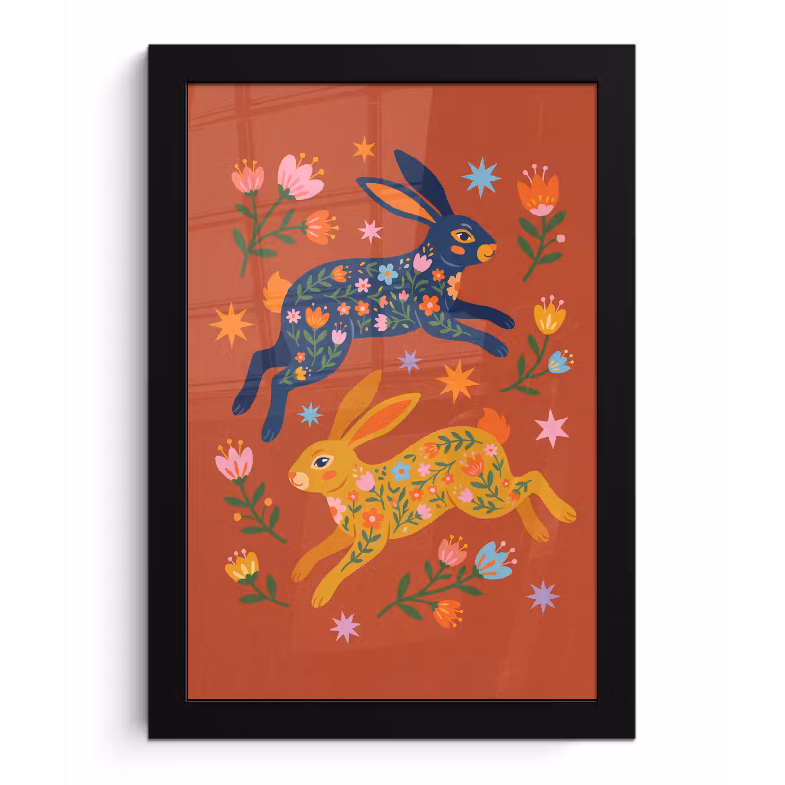 Bilder mit Rahmen - Kaninchen – Blumen – Volkskunst – Farbenfroh – Tiere — 1