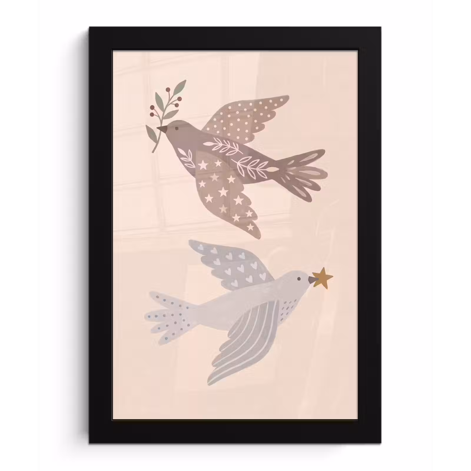 Bilder mit Rahmen - Vogel – Beeren – Natur – Modern – Beige — 1