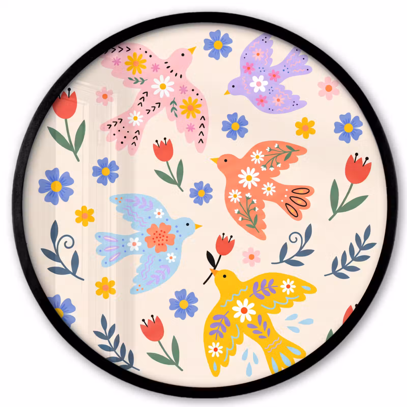Poster im Rahmen Rund - Vögel – Blumen – Folk – Bunt – Tiere — 1