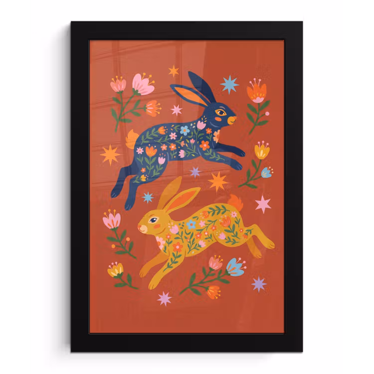 Bilder mit Rahmen - Kaninchen – Blumen – Volkskunst – Farbenfroh – Tiere — 1
