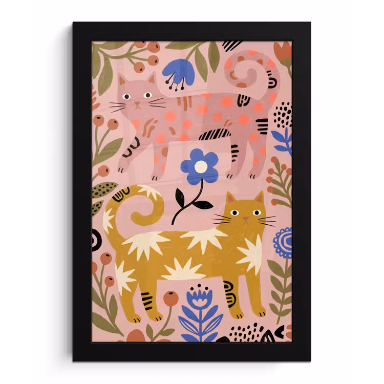 Bilder mit Rahmen - Katze – Blumen – Tiere – Modern – Rosa — 1
