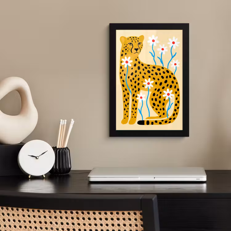 Bilder mit Rahmen - Tiere – Gepard – Blumen – Modern – Gelb — 2