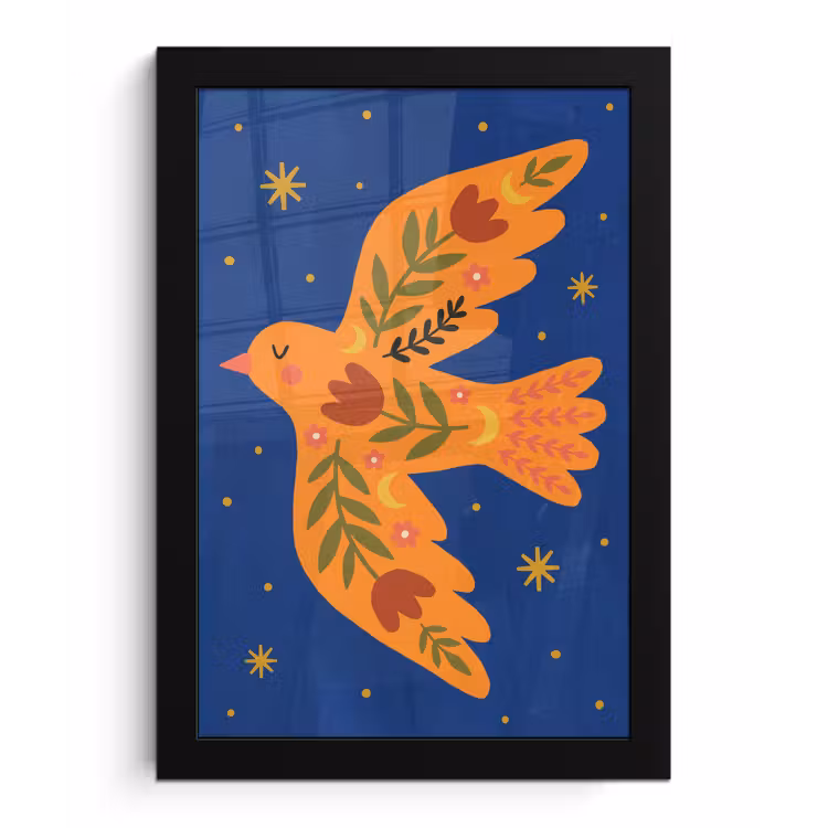 Bilder mit Rahmen - Vogel – Blumen – Dekorativ – Orange – Blau — 1