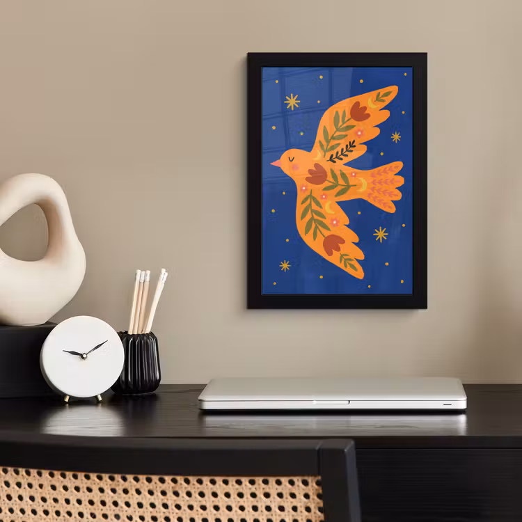 Bilder mit Rahmen - Vogel – Blumen – Dekorativ – Orange – Blau — 2