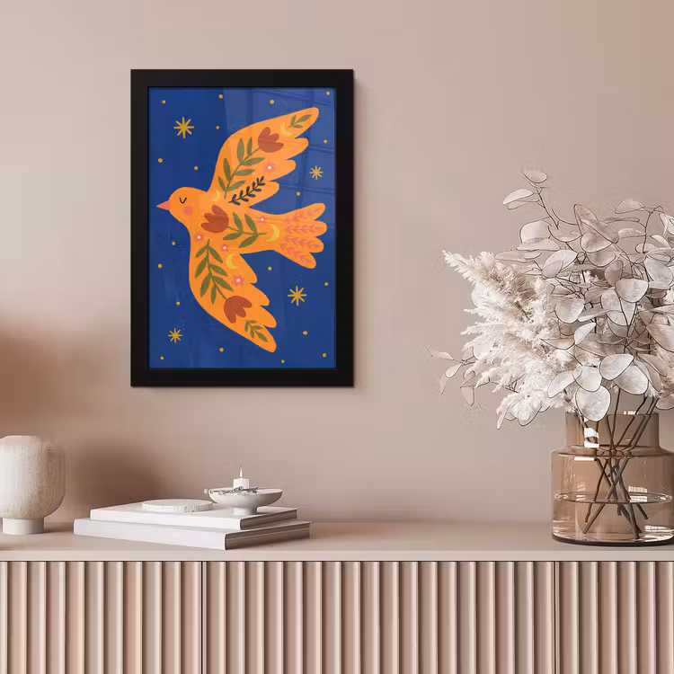 Bilder mit Rahmen - Vogel – Blumen – Dekorativ – Orange – Blau — 4