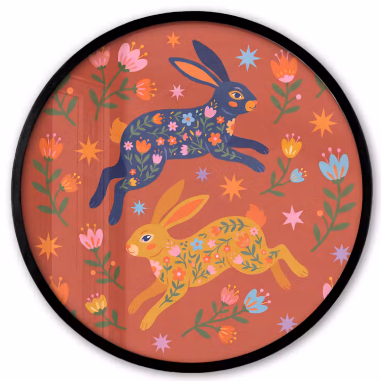 Poster im Rahmen Rund - Kaninchen – Blumen – Volkskunst – Farbenfroh – Tiere — 1