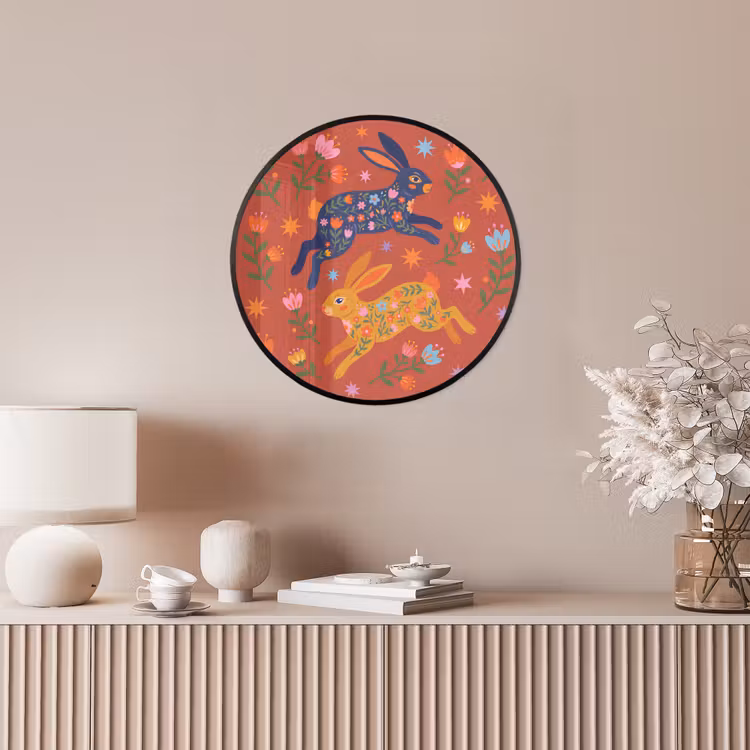 Poster im Rahmen Rund - Kaninchen – Blumen – Volkskunst – Farbenfroh – Tiere — 5