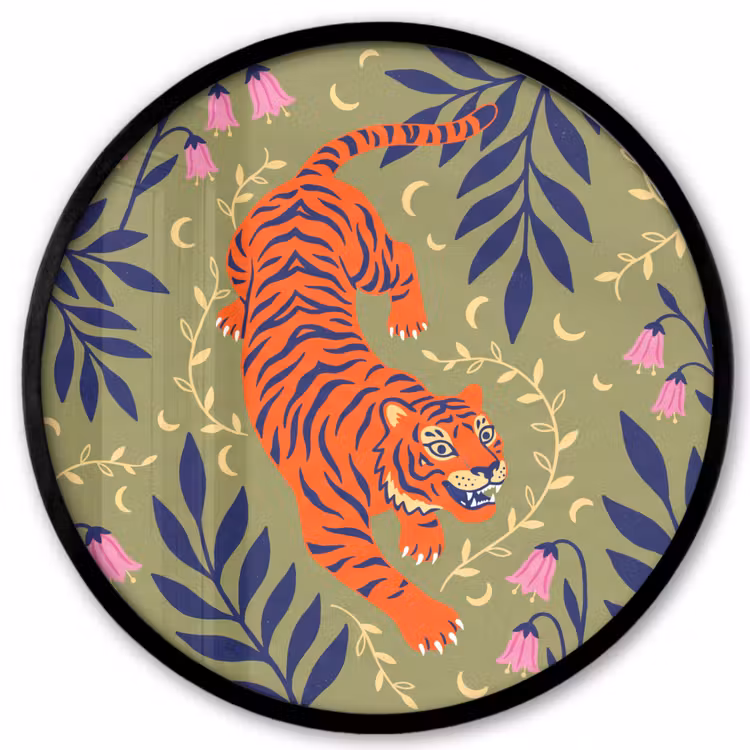 Poster im Rahmen Rund - Tiger – Blätter – Tiere – Illustration – Orange — 1