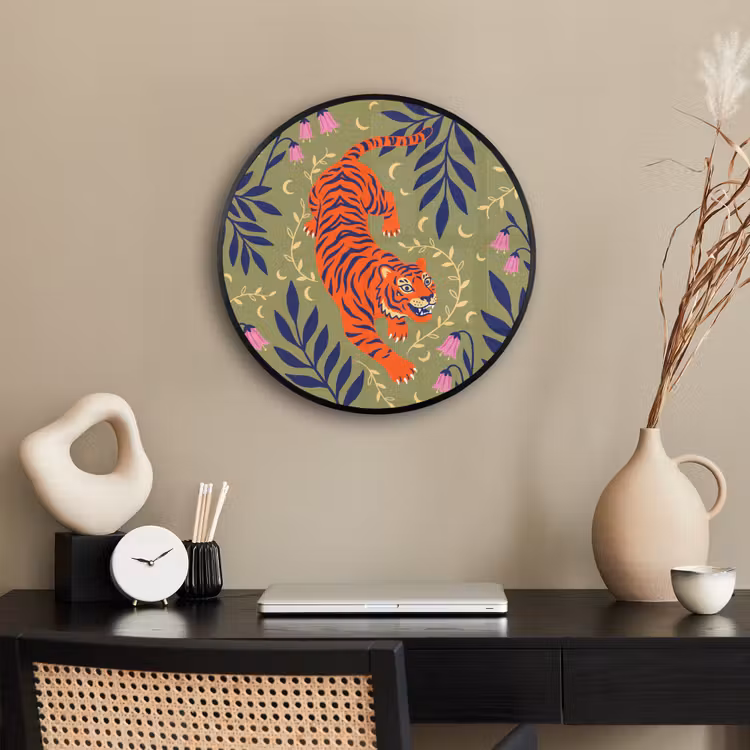 Poster im Rahmen Rund - Tiger – Blätter – Tiere – Illustration – Orange — 3