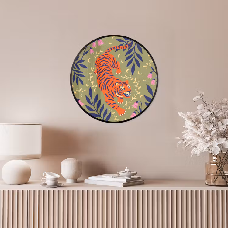 Poster im Rahmen Rund - Tiger – Blätter – Tiere – Illustration – Orange — 5