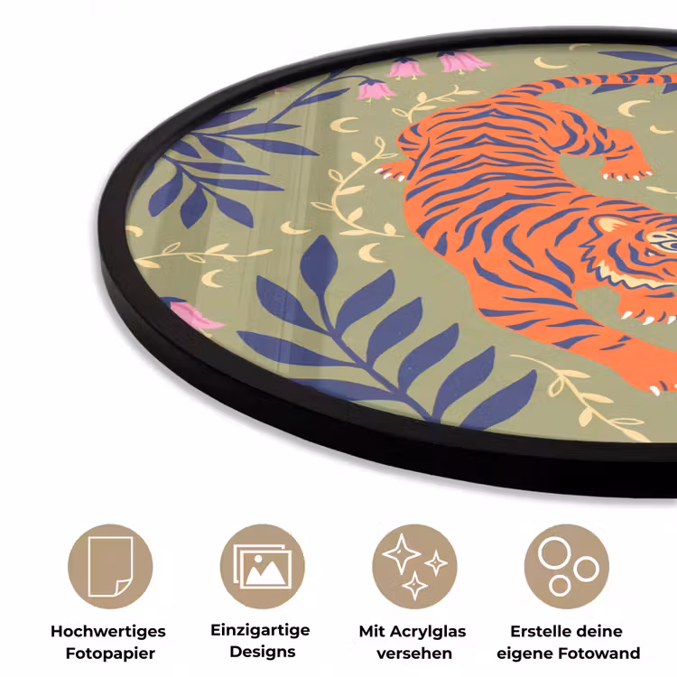 Poster im Rahmen Rund - Tiger – Blätter – Tiere – Illustration – Orange — 6