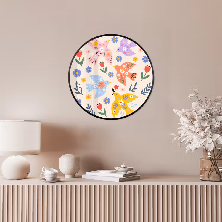 Poster im Rahmen Rund - Vögel – Blumen – Folk – Bunt – Tiere — 5