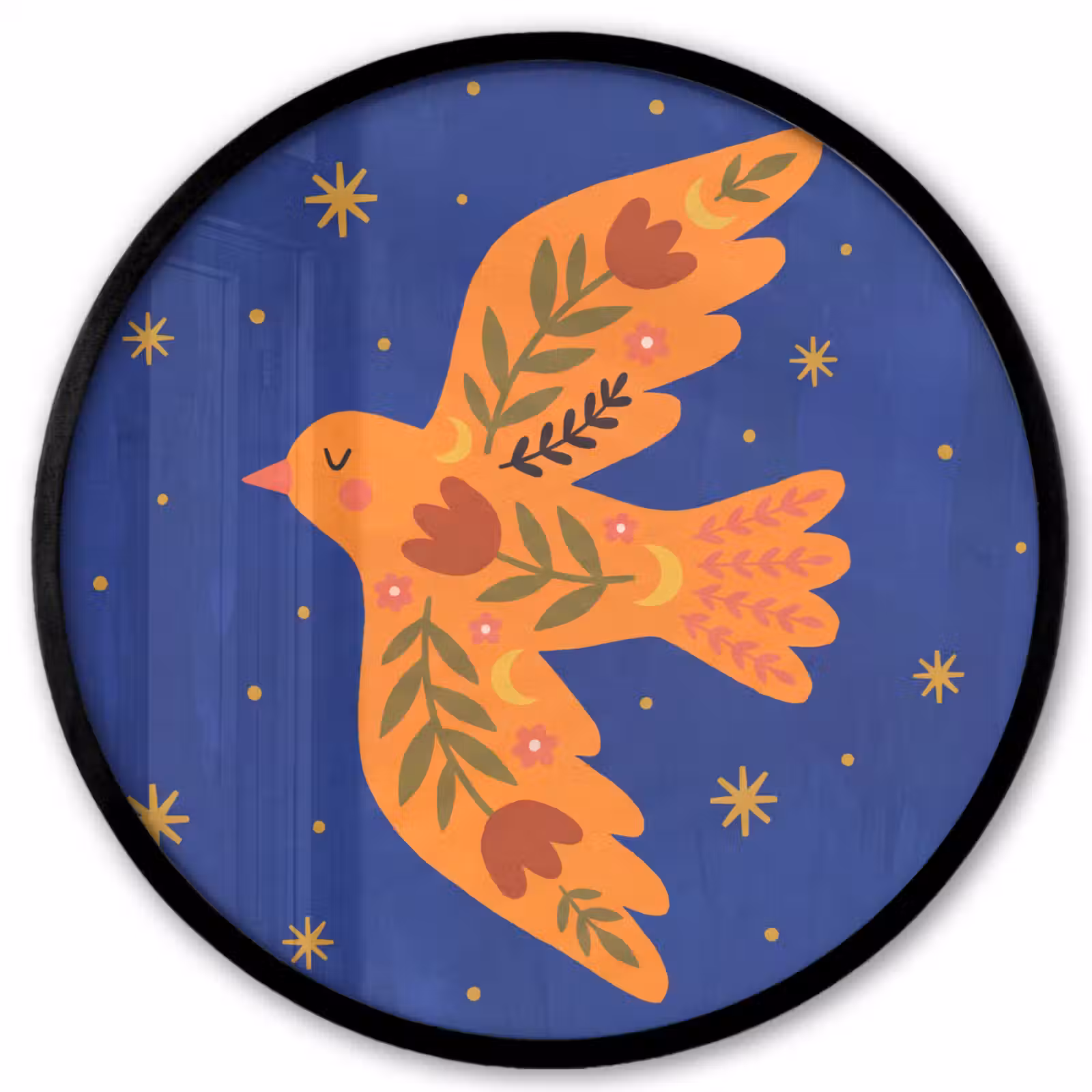 Poster im Rahmen Rund - Vogel – Blumen – Dekorativ – Orange – Blau — 1