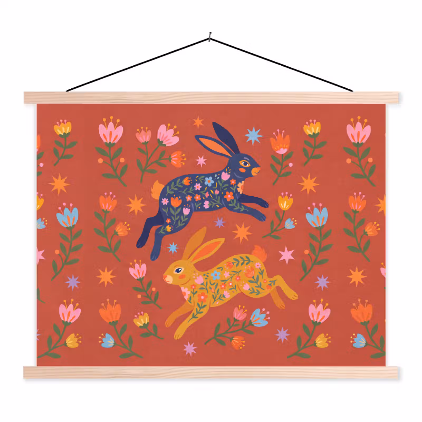 Stoffbild - Kaninchen – Blumen – Volkskunst – Farbenfroh – Tiere — 1