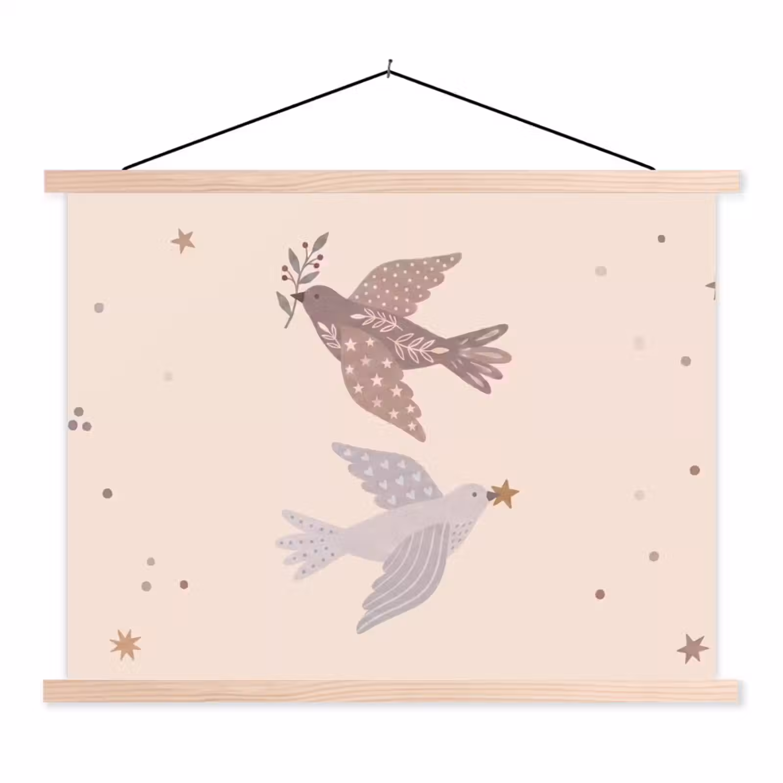Stoffbild - Vogel – Beeren – Natur – Modern – Beige — 1