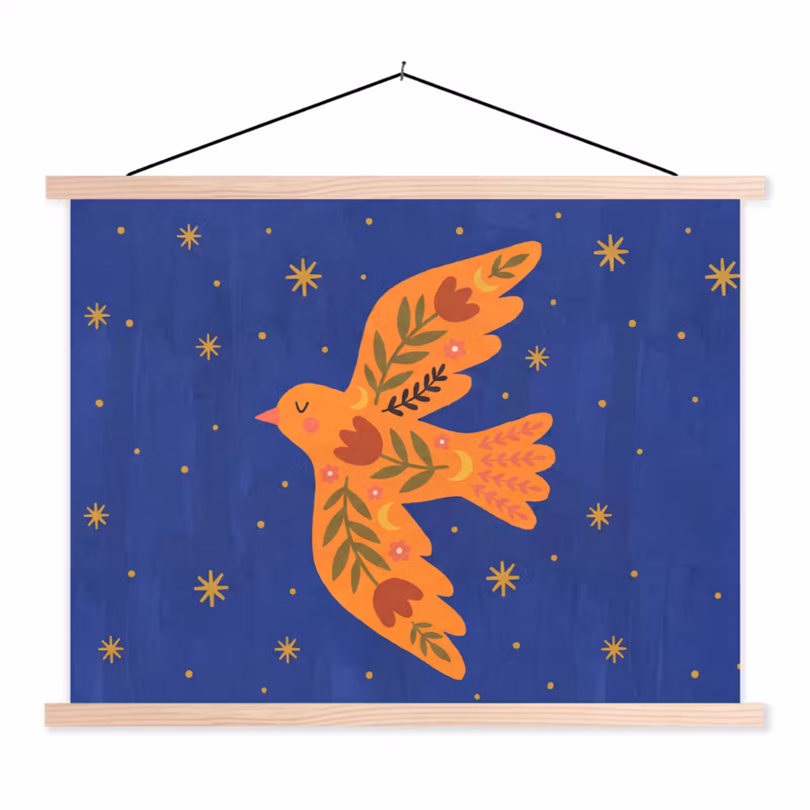 Stoffbild - Vogel – Blumen – Dekorativ – Orange – Blau — 1