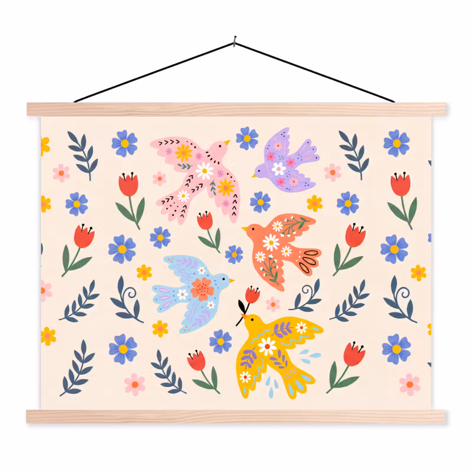 Stoffbild - Vögel – Blumen – Folk – Bunt – Tiere — 1