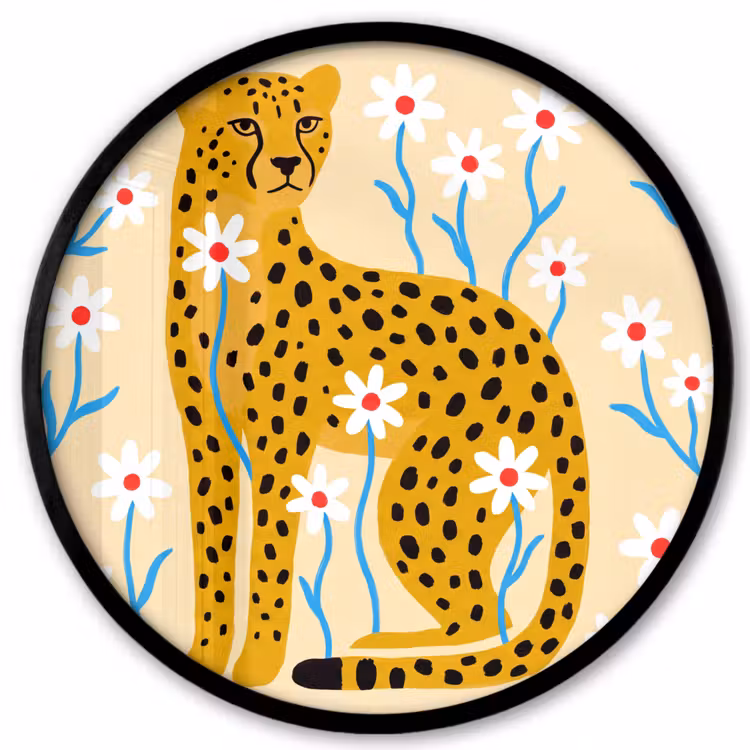 Poster im Rahmen Rund - Tiere – Gepard – Blumen – Modern – Gelb — 1