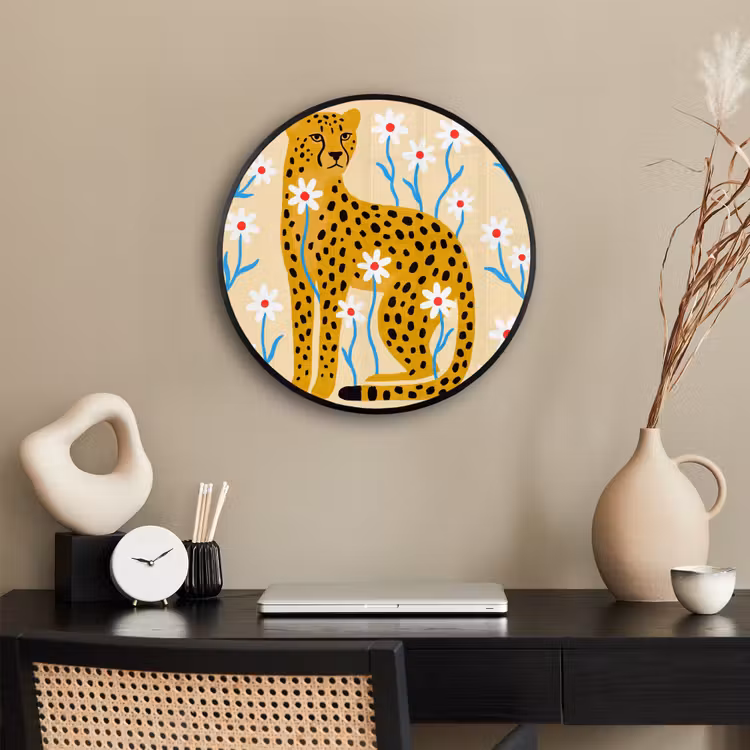 Poster im Rahmen Rund - Tiere – Gepard – Blumen – Modern – Gelb — 3