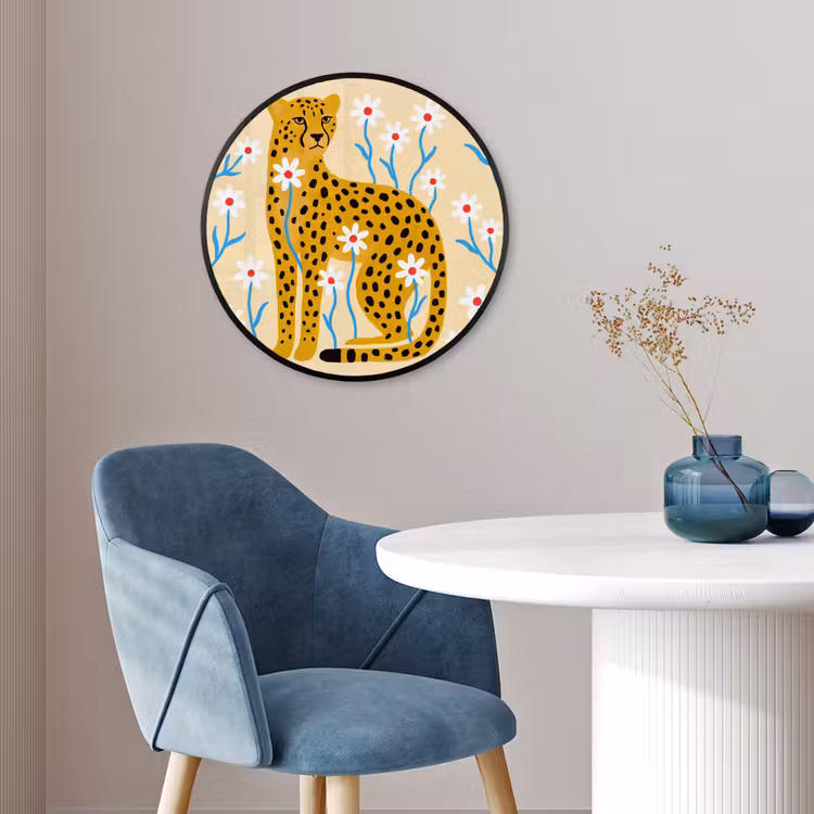 Poster im Rahmen Rund - Tiere – Gepard – Blumen – Modern – Gelb — 4