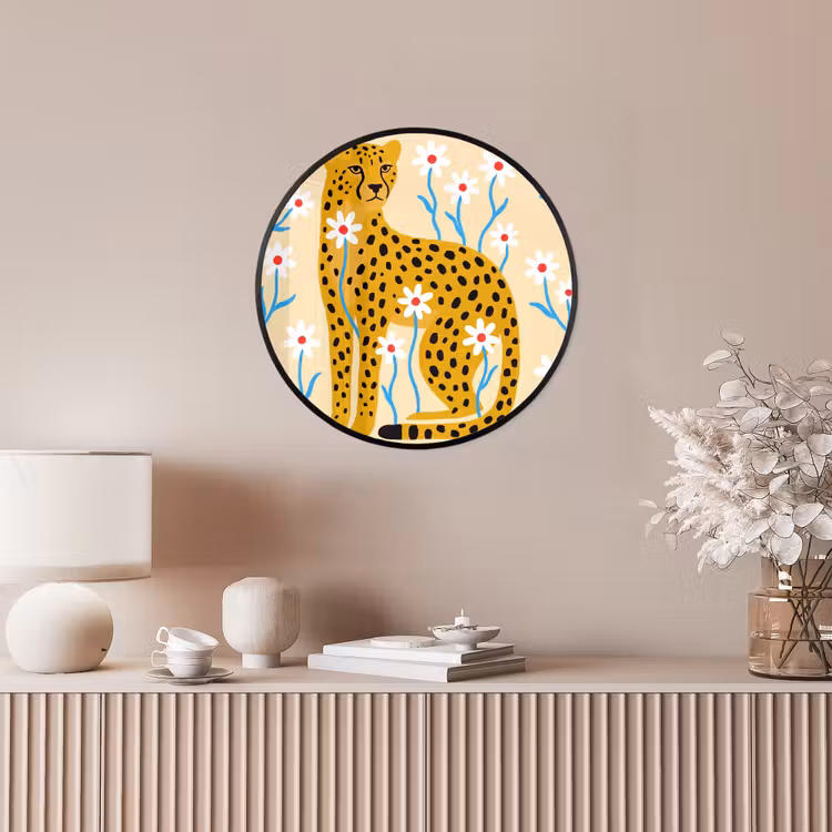 Poster im Rahmen Rund - Tiere – Gepard – Blumen – Modern – Gelb — 5