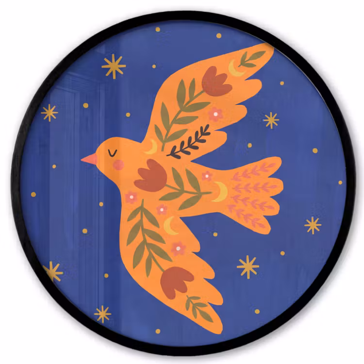 Poster im Rahmen Rund - Vogel – Blumen – Dekorativ – Orange – Blau — 1