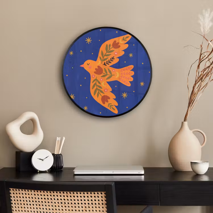 Poster im Rahmen Rund - Vogel – Blumen – Dekorativ – Orange – Blau — 3