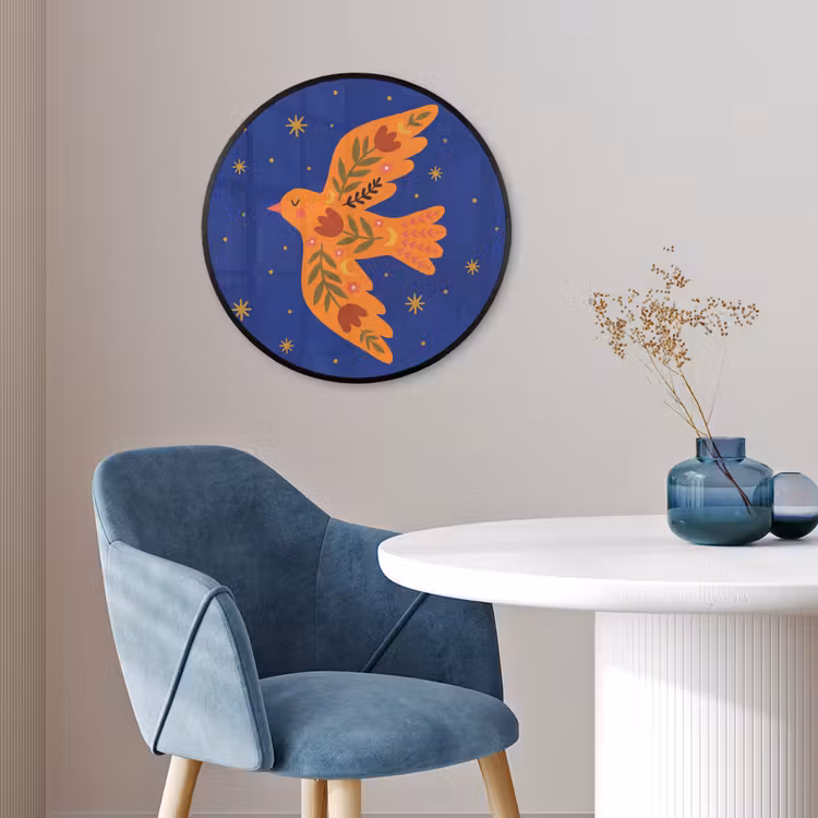 Poster im Rahmen Rund - Vogel – Blumen – Dekorativ – Orange – Blau — 4