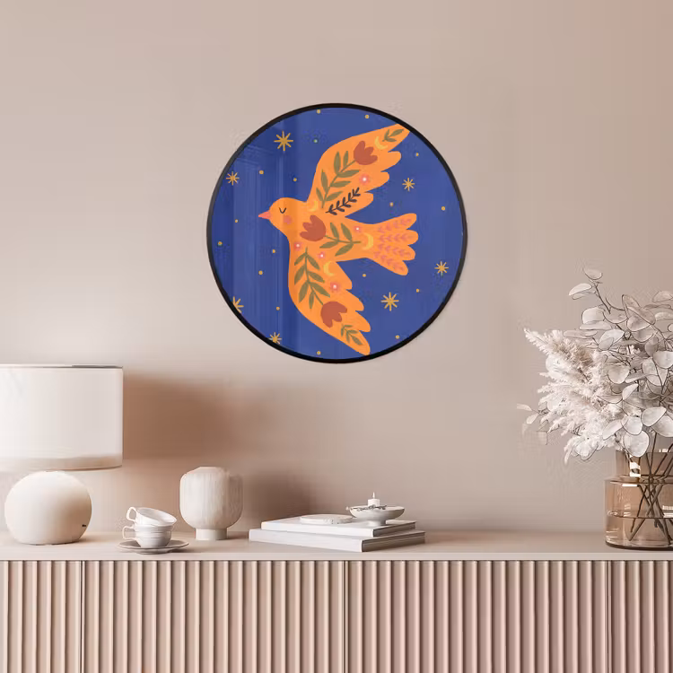Poster im Rahmen Rund - Vogel – Blumen – Dekorativ – Orange – Blau — 5