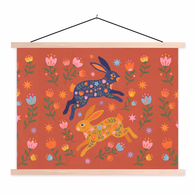 Stoffbild - Kaninchen – Blumen – Volkskunst – Farbenfroh – Tiere — 1