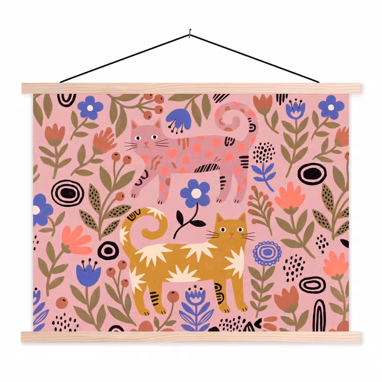 Stoffbild - Katze – Blumen – Tiere – Modern – Rosa — 1