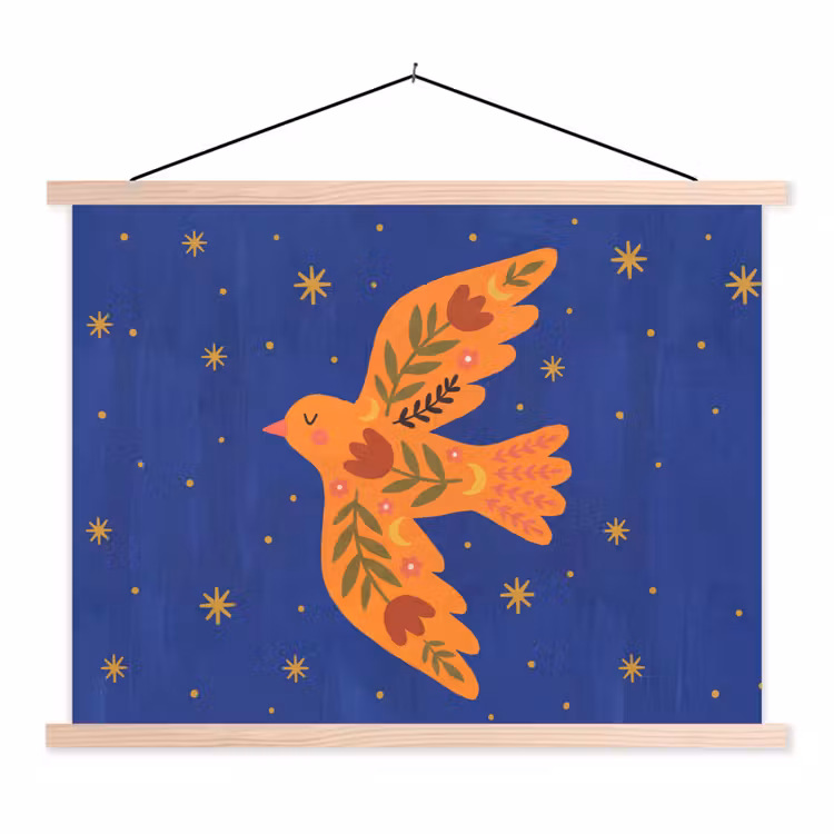 Stoffbild - Vogel – Blumen – Dekorativ – Orange – Blau — 1