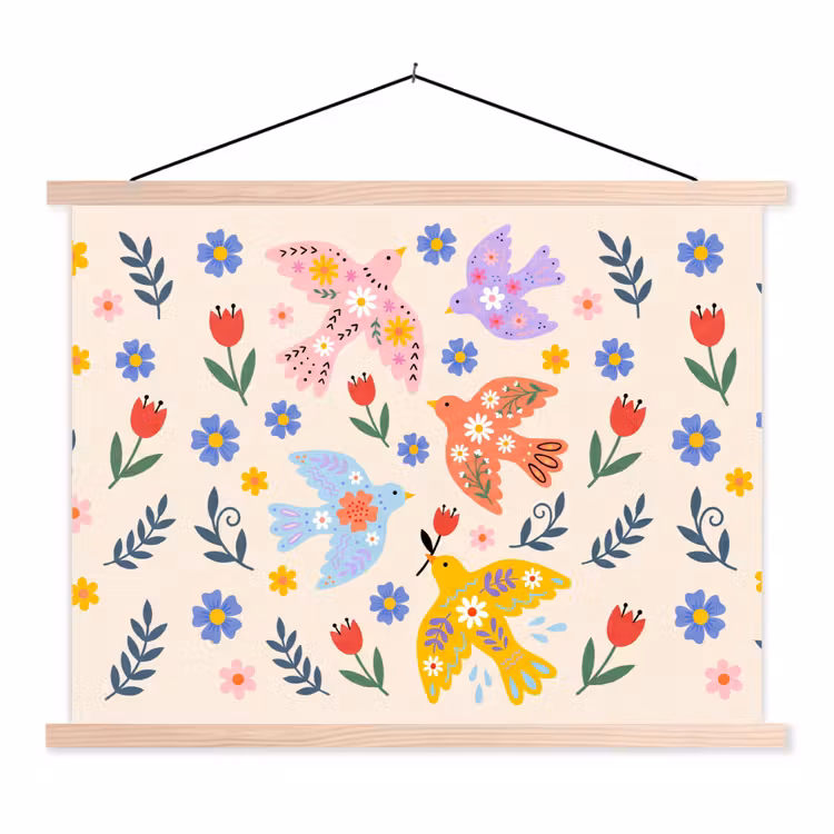 Stoffbild - Vögel – Blumen – Folk – Bunt – Tiere — 1
