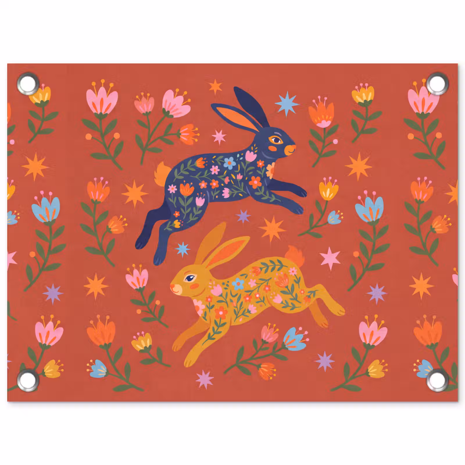 Gartenposter - Kaninchen – Blumen – Volkskunst – Farbenfroh – Tiere — 1