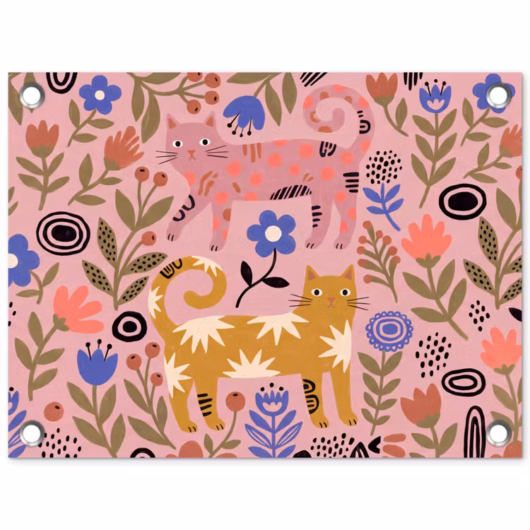 Gartenposter - Katze – Blumen – Tiere – Modern – Rosa — 1