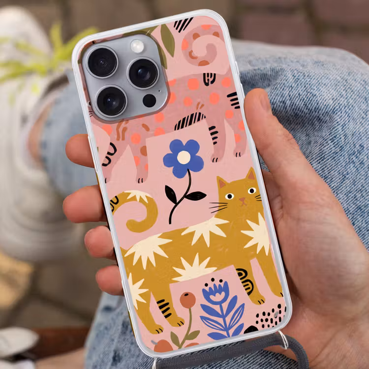 Handyhülle mit Band - Katze – Blumen – Tiere – Modern – Rosa — 2