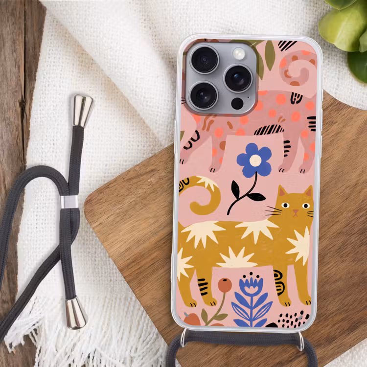 Handyhülle mit Band - Katze – Blumen – Tiere – Modern – Rosa — 3