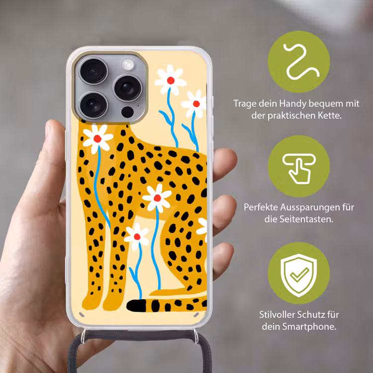 Handyhülle mit Band - Tiere – Gepard – Blumen – Modern – Gelb — 4