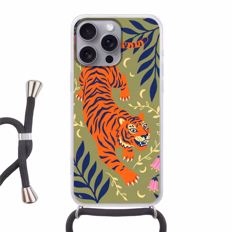 Handyhülle mit Band - Tiger – Blätter – Tiere – Illustration – Orange — 1