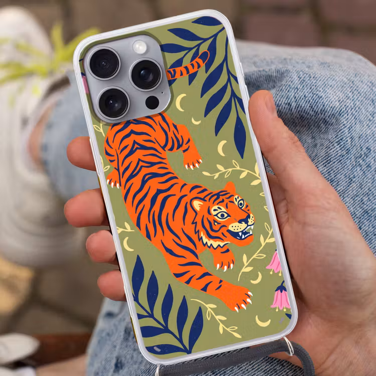 Handyhülle mit Band - Tiger – Blätter – Tiere – Illustration – Orange — 2