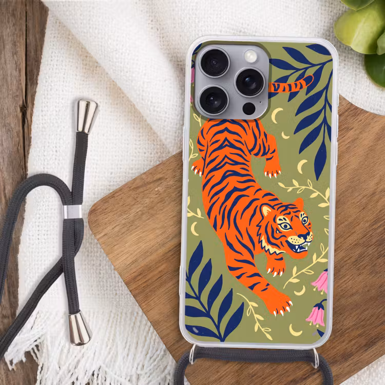 Handyhülle mit Band - Tiger – Blätter – Tiere – Illustration – Orange — 3