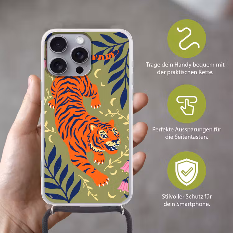 Handyhülle mit Band - Tiger – Blätter – Tiere – Illustration – Orange — 4