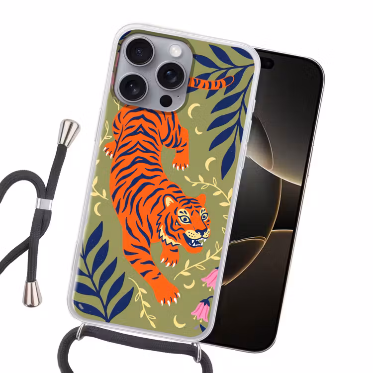 Handyhülle mit Band - Tiger – Blätter – Tiere – Illustration – Orange — 5